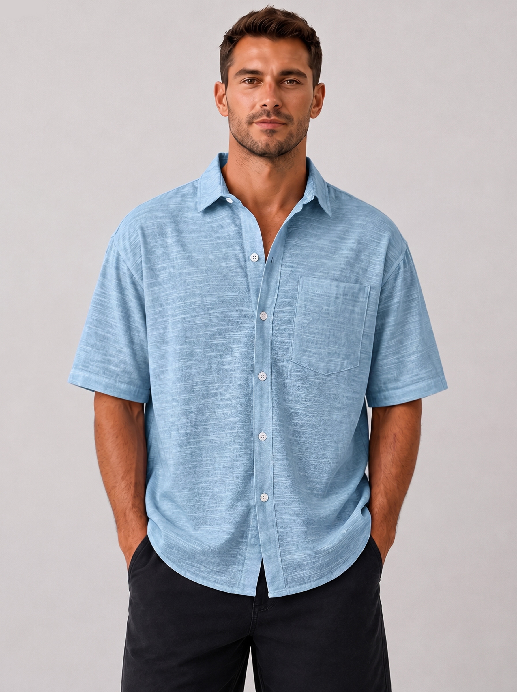 Men's Textured Casual Short-Sleeve Shirt with Collar and Pocket