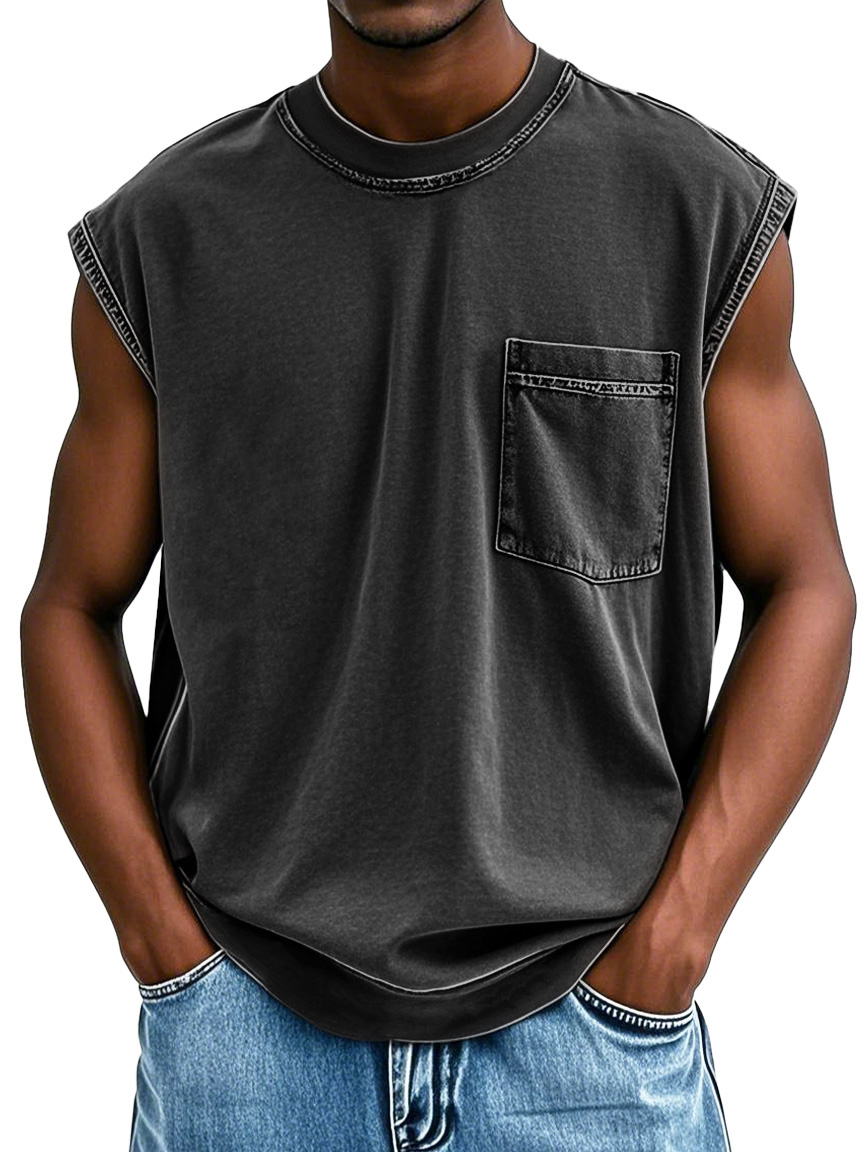 Men's Stylish Retro Distressed Short-sleeved Pocket Sleeveless T-shirt 