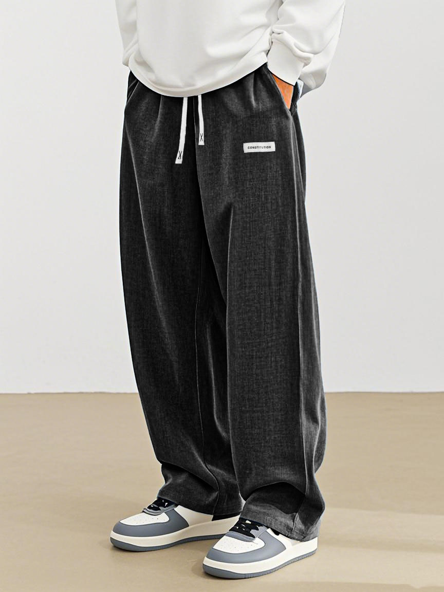 Men's Fashion Casual Everyday Hemp Fabric Pocket Embroidered Logo Loose Trousers 