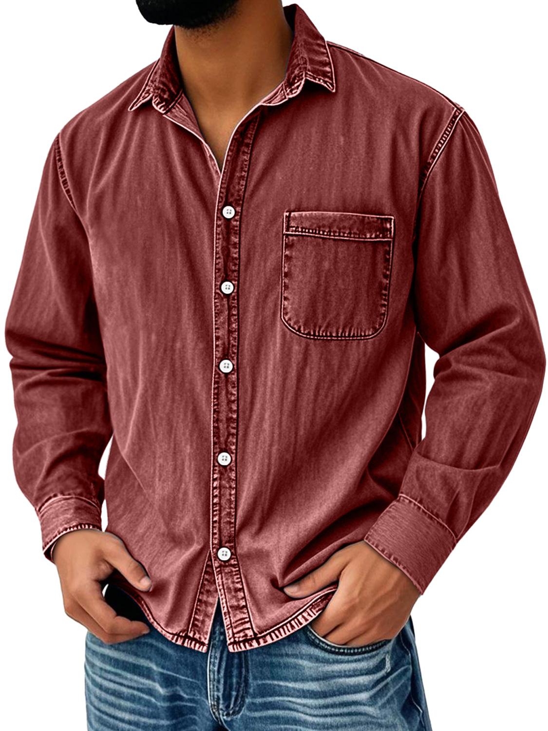 Men's Vintage Distressed Lapel Pocket Casual Long-sleeved Shirt