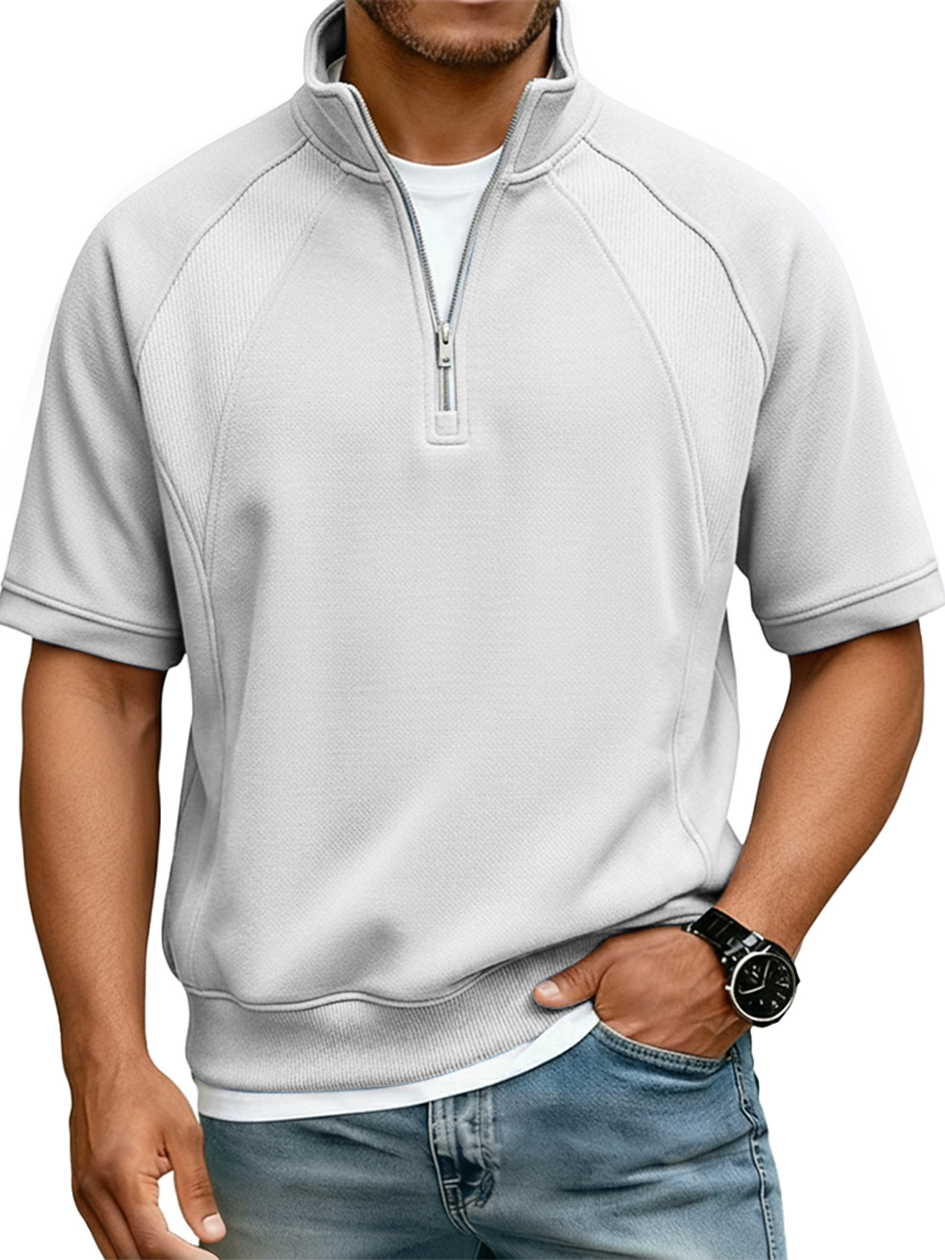 Men's Casual Deconstructed Design Stand Collar Zipper Short Sleeve T-Shirt