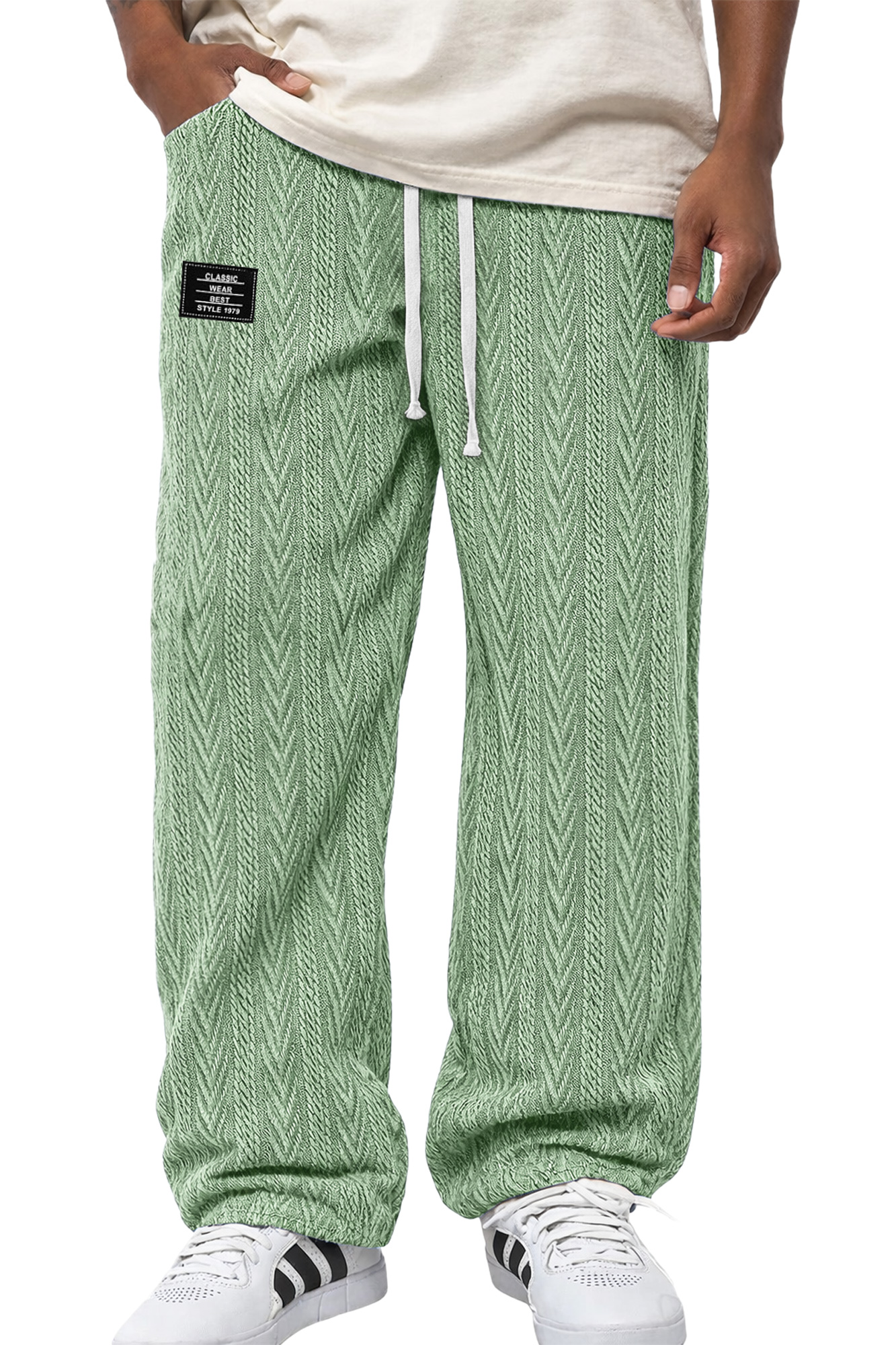 Men's Casual Jacquard Textured Embroidered Logo Elastic Waist Loose Trousers