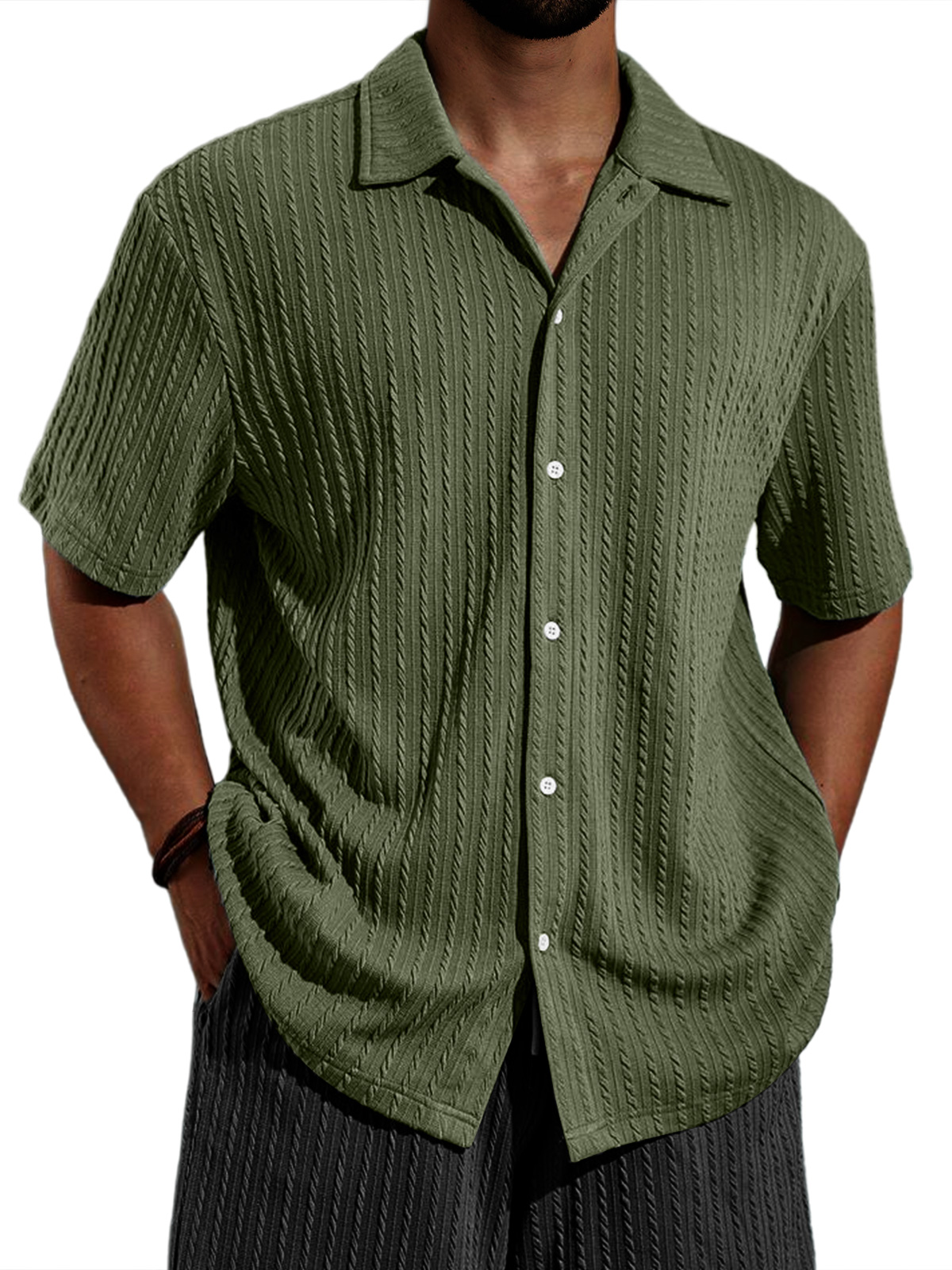 Men's Casual Lapel Jacquard Solid Color Short-sleeved Shirt