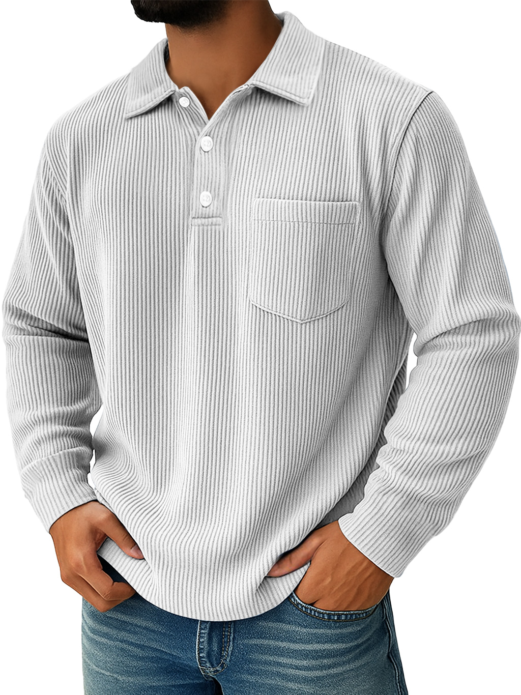 Men's Daily Ribbed Lapel Button-down Casual Pocket Long-sleeved Polo Shirt