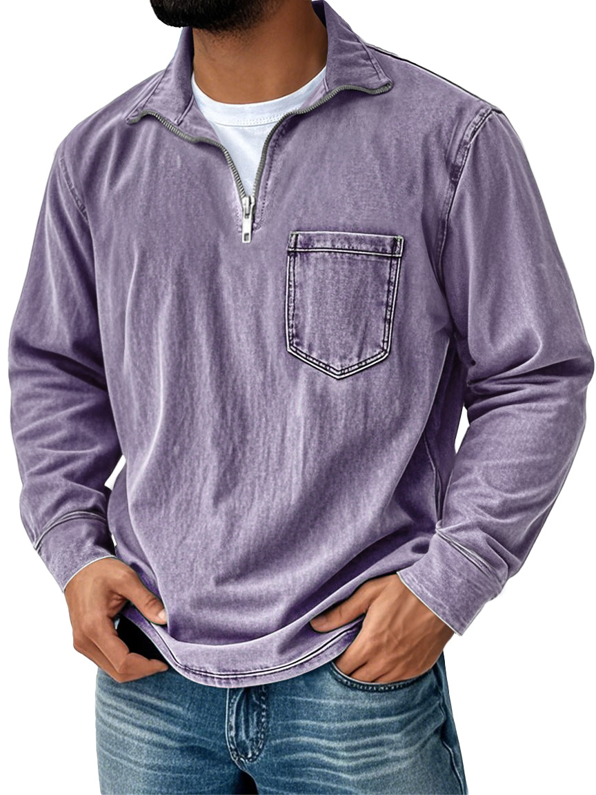 Men's Retro Casual Stand Up Collar Zipper Pocket Distressed Long Sleeved T-shirt