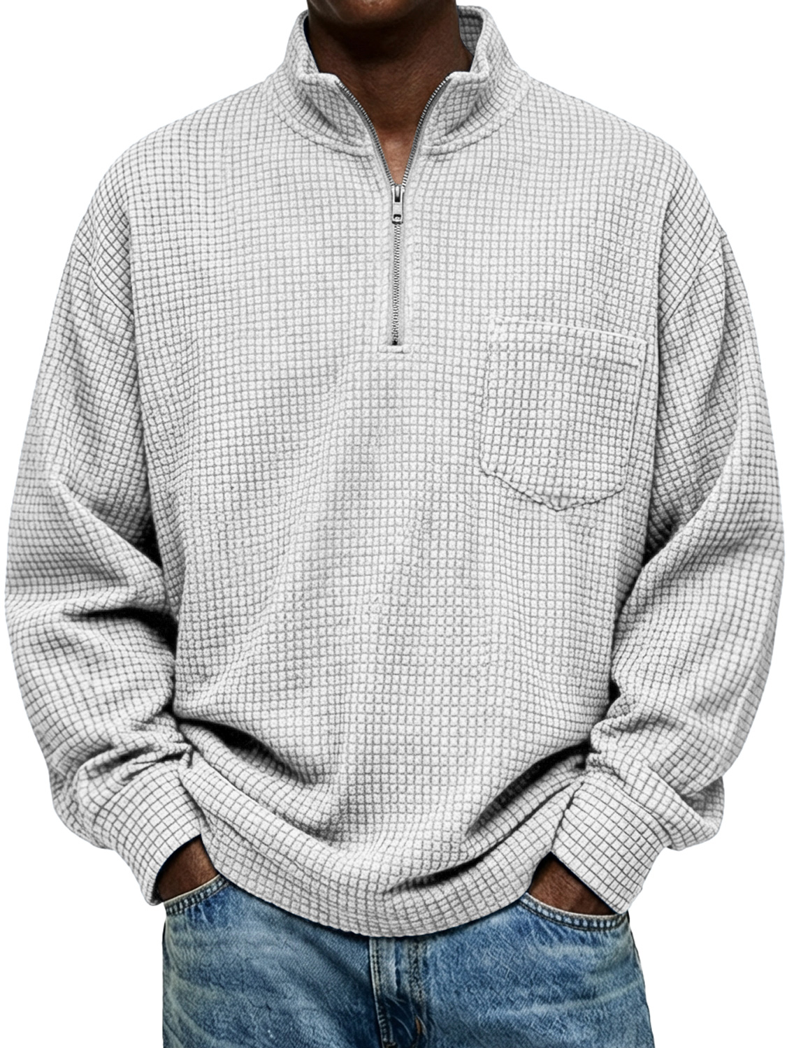 Men's Vintage Small Plaid Stand-collar Zip-up Casual Long-sleeved T-shirt With Pockets