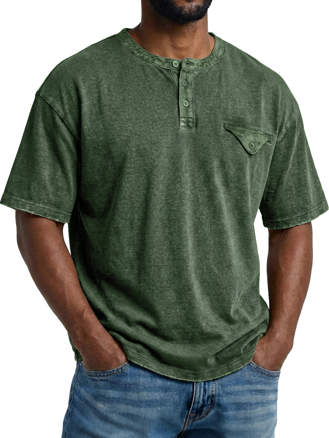 Men's Retro Pocket Design Casual Short-Sleeve Henley Shirt
