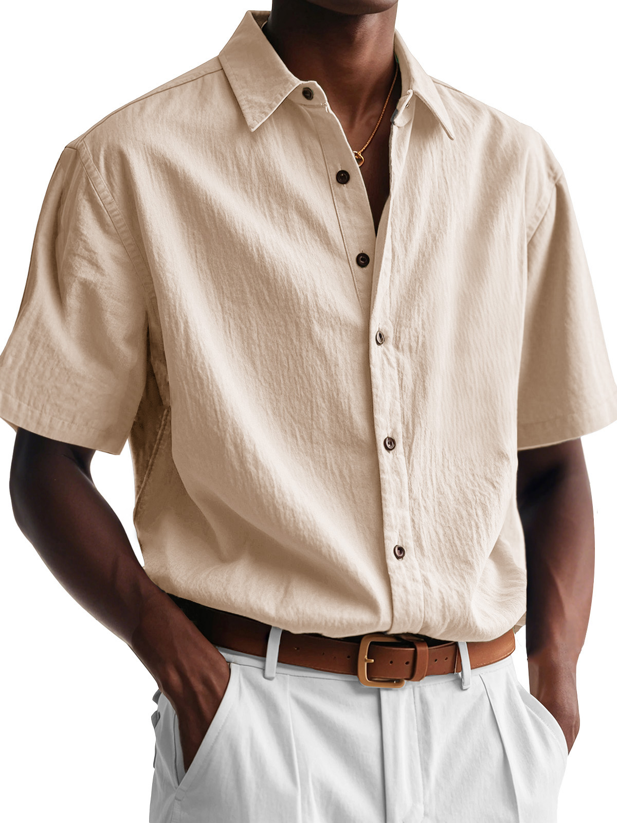 Men's Fashion Casual Pleated Fabric Short Sleeve Lapel Shirt