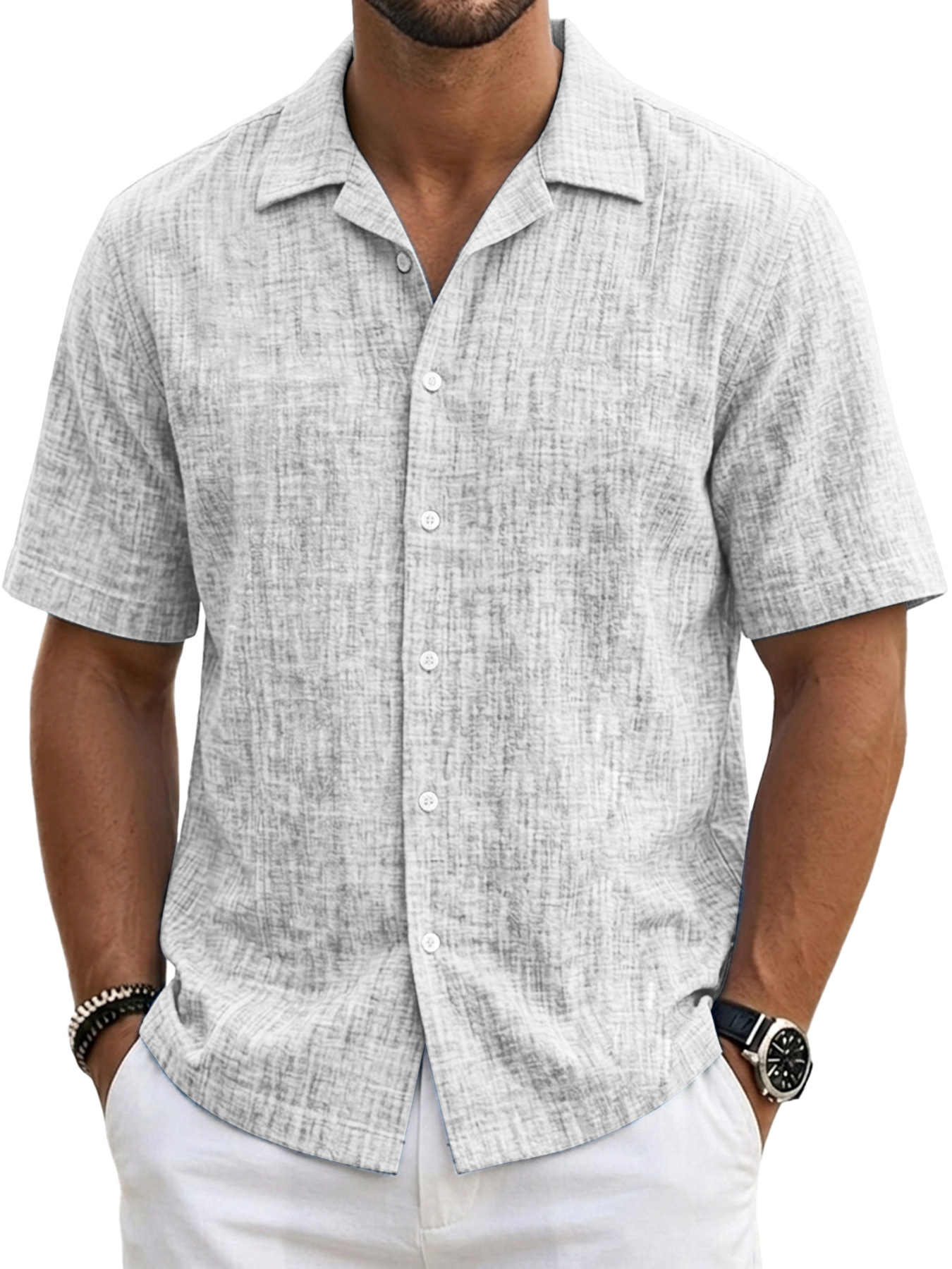Men's Casual Linen Comfort Solid Color Short-Sleeve Shirt