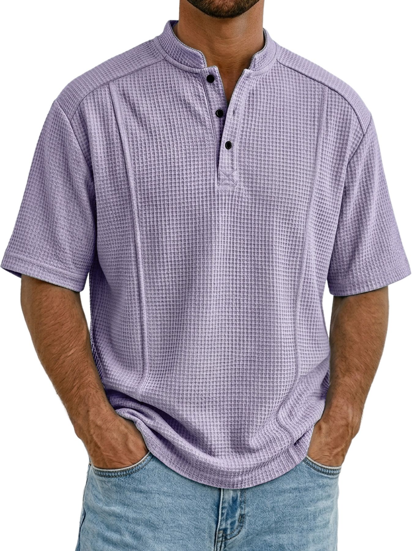 Men's Waffle Collar Button Deconstructed Casual Short-Sleeve Henley Shirt