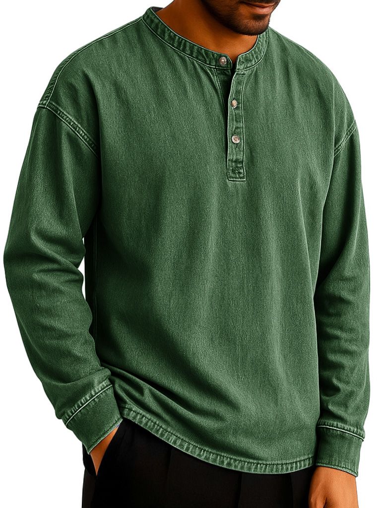 Men's Stylish Retro Distressed Long-sleeved Multicolor Henley Shirt