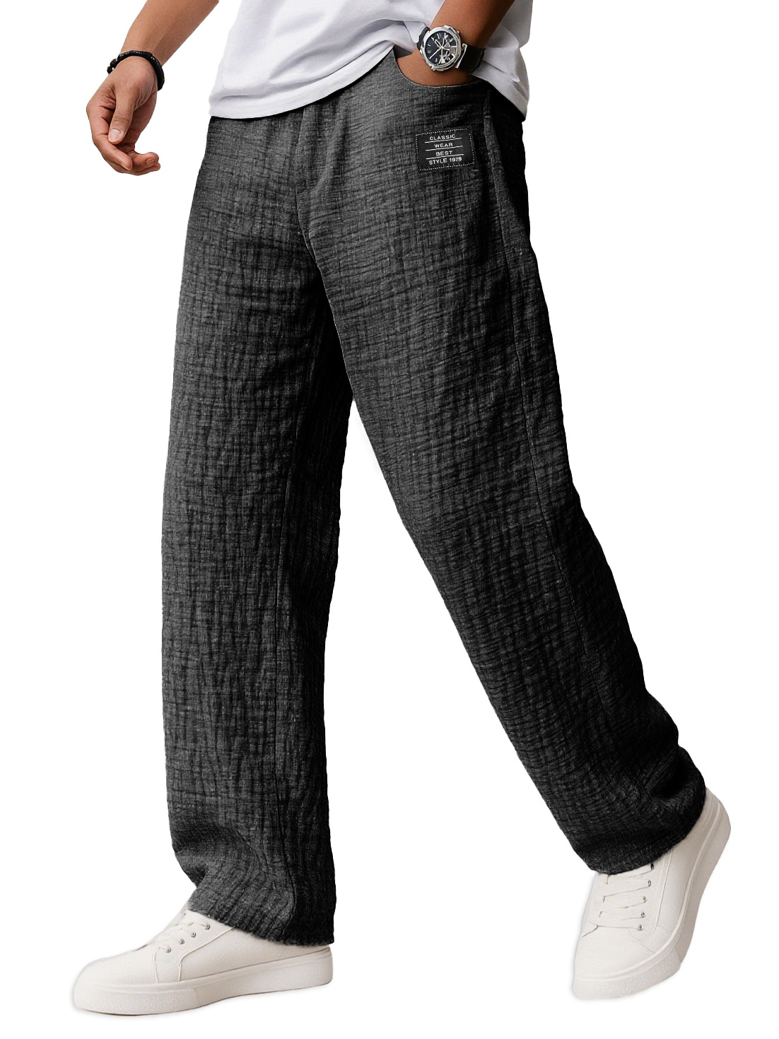 Men's Wear Fashionable Daily Texture Fabric Pockets Loose Tether Elastic Waist Embroidery Logo Pants