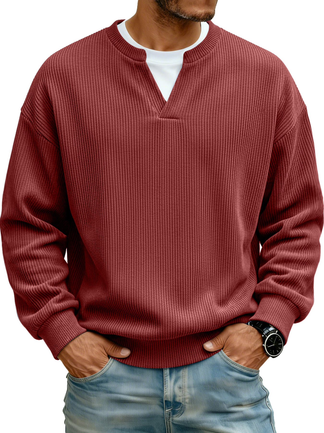 Men's Ribbed V-neck Faux Two-Piece Casual Long-Sleeve T-Shirt