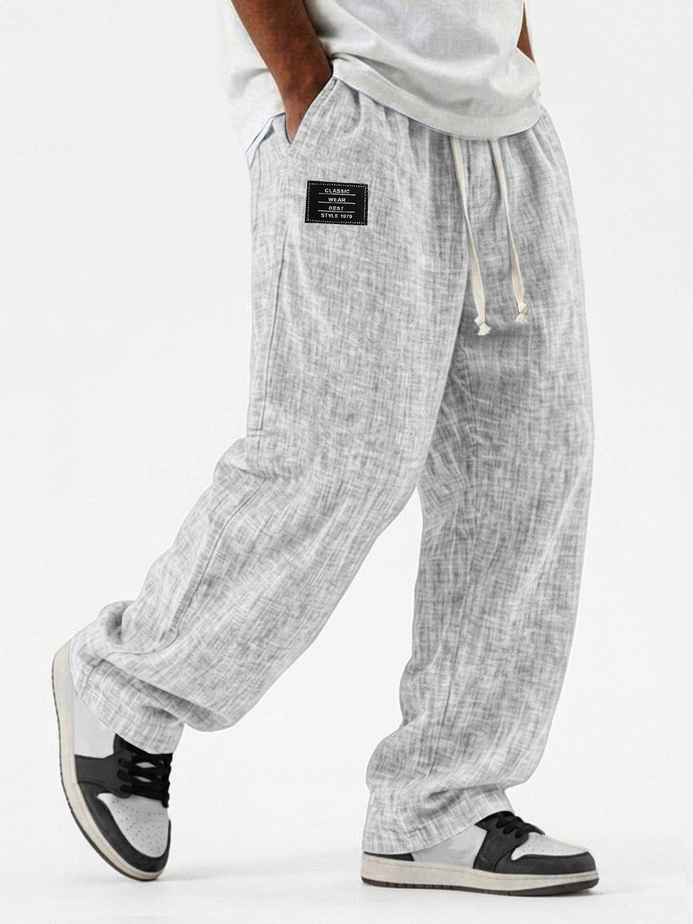 Men's Casual, Breathable Cotton-Linen Loose-Fit Trousers with Embroidered Logo