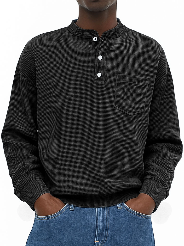 Men's Wear Fashionable Casual Waffle Fabric Pockets Long-sleeved Henry Shirt