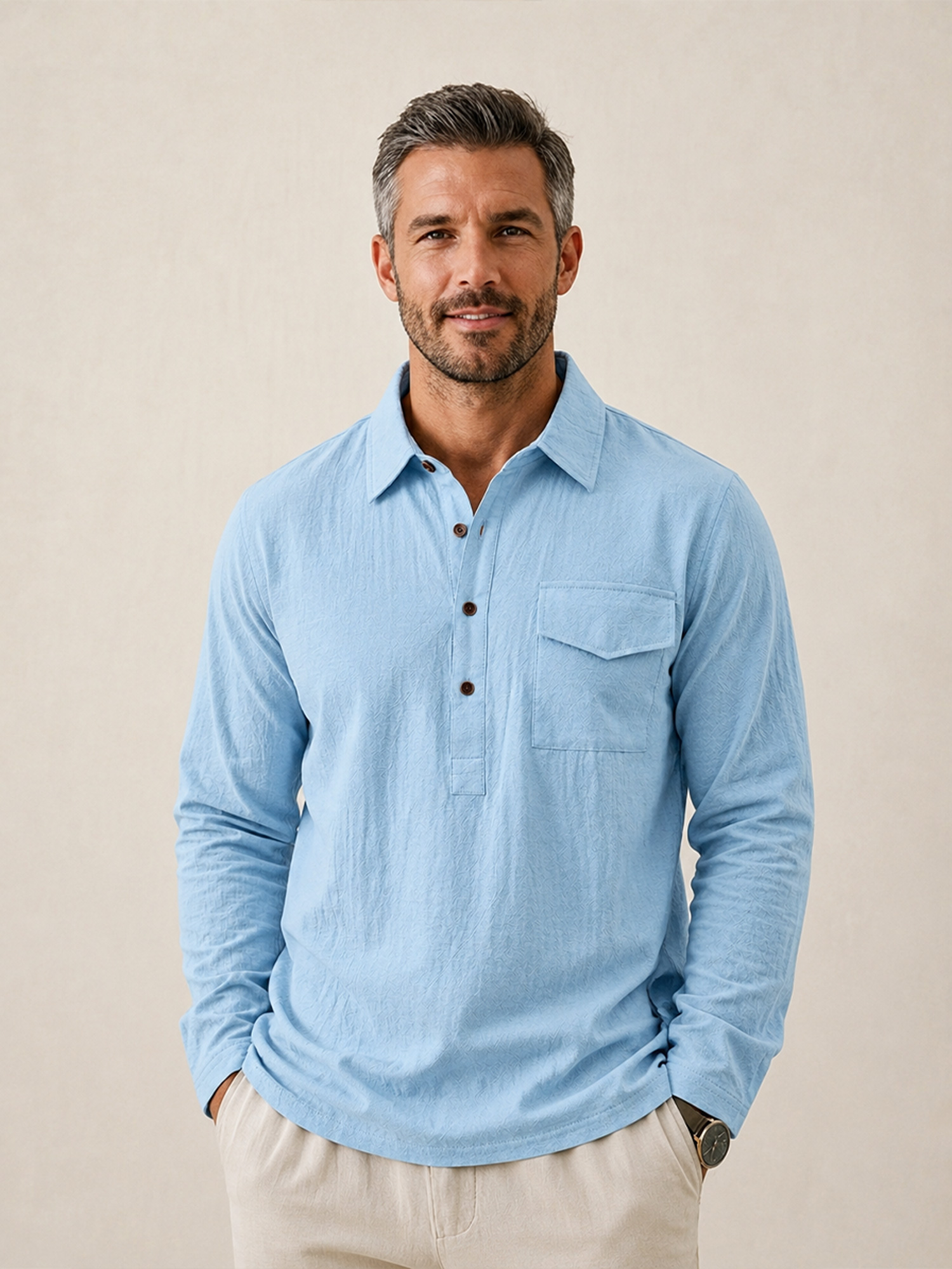 Men's Casual Long-Sleeve Linen Polo Shirt with Flap Pockets