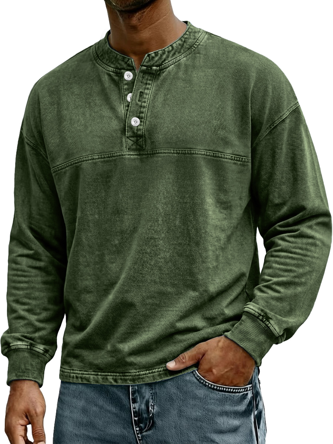 Men's Retro-Style Stand Collar Button Casual Long Sleeve Henley Shirt