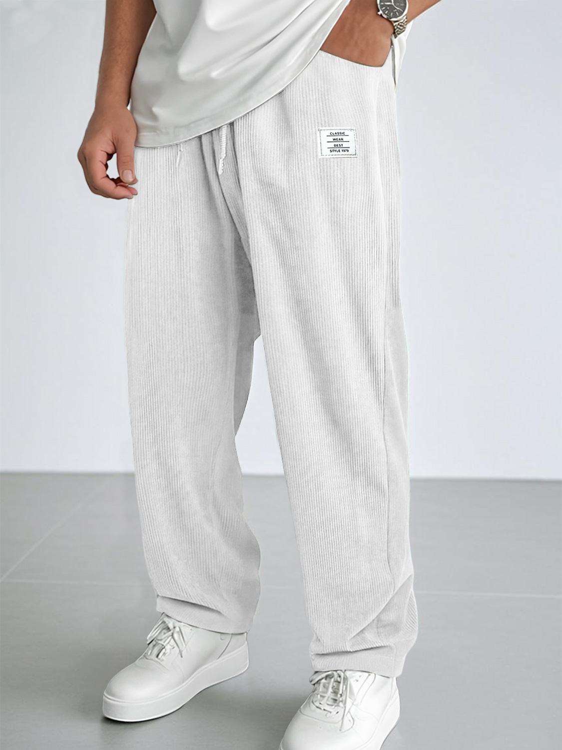 Men's Everyday Corduroy Embroidered Logo Casual Elastic Waist Comfort Trousers