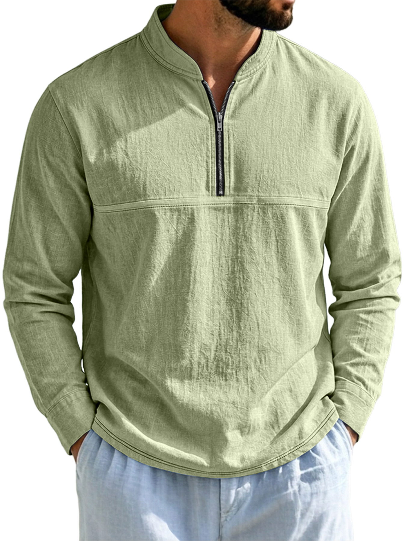 Men's Linen Stand-Collar Zip-Front Casual Long-Sleeve T-Shirt