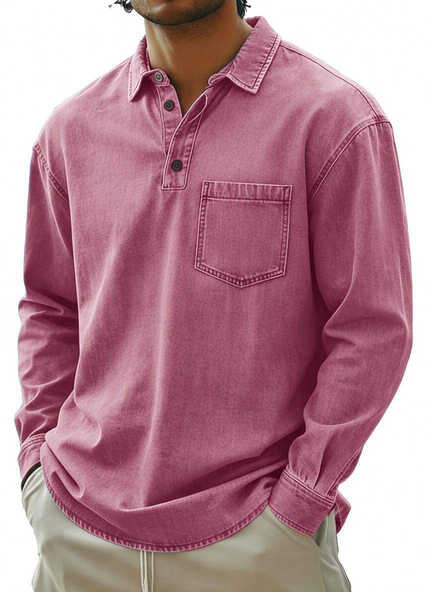 Men's Fashionable Retro Distressed Collared Pocket Long-Sleeved Polo Shirt