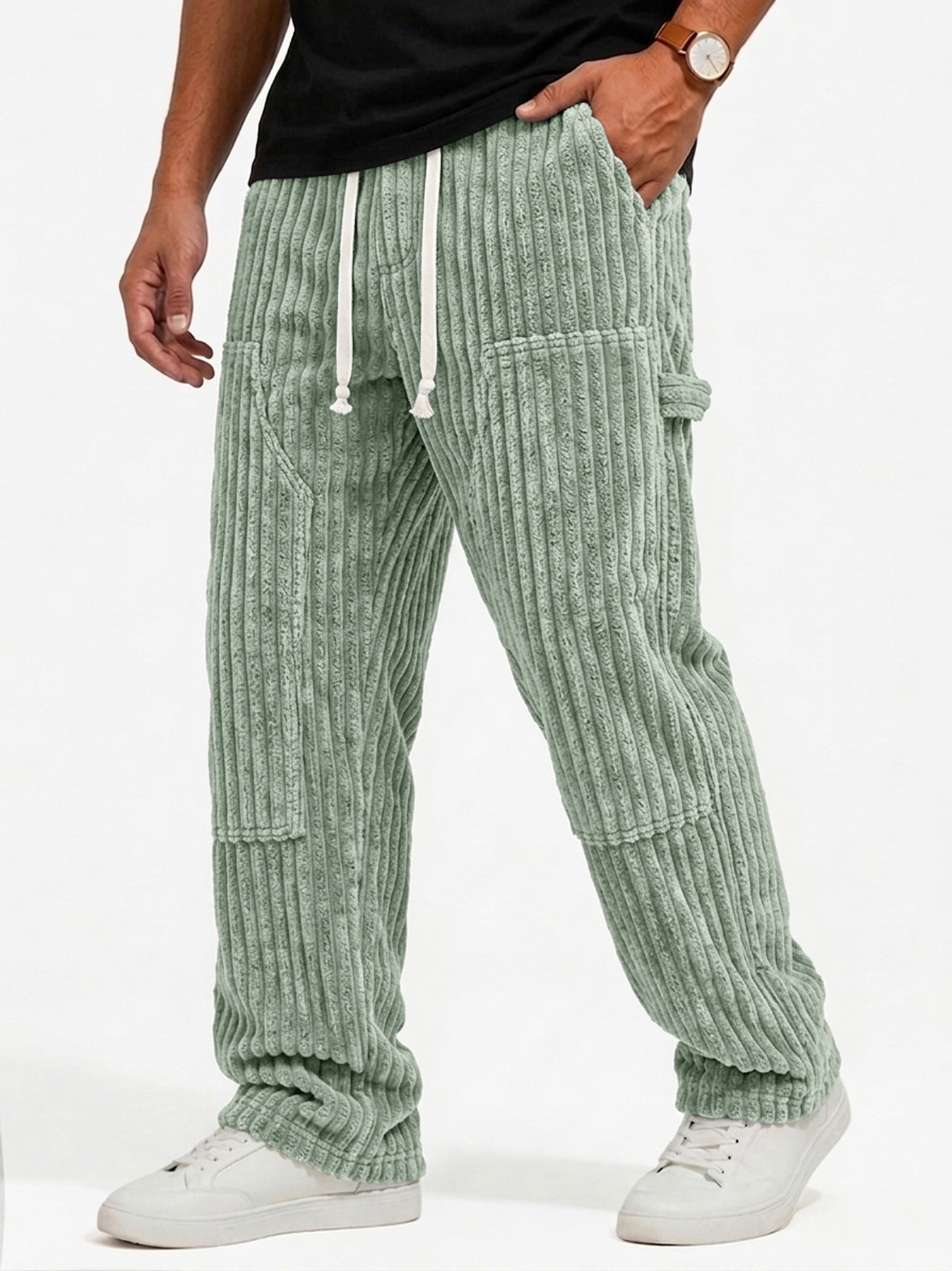 Men's Retro Corduroy Casual Cargo Pants with Multi-Pocket Patchwork Design