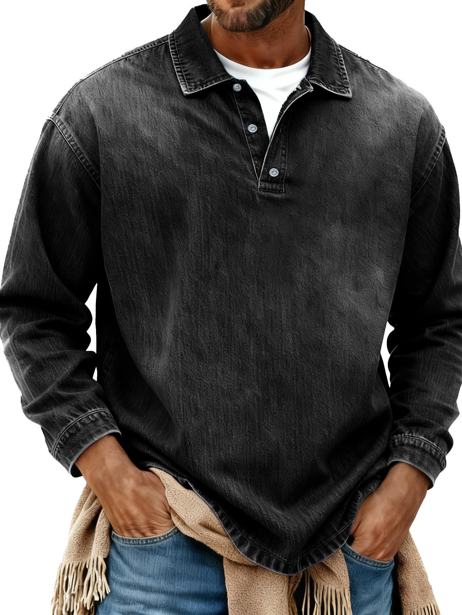 Men's Retro Fashion Distressed Collar Long-Sleeve Polo Shirt