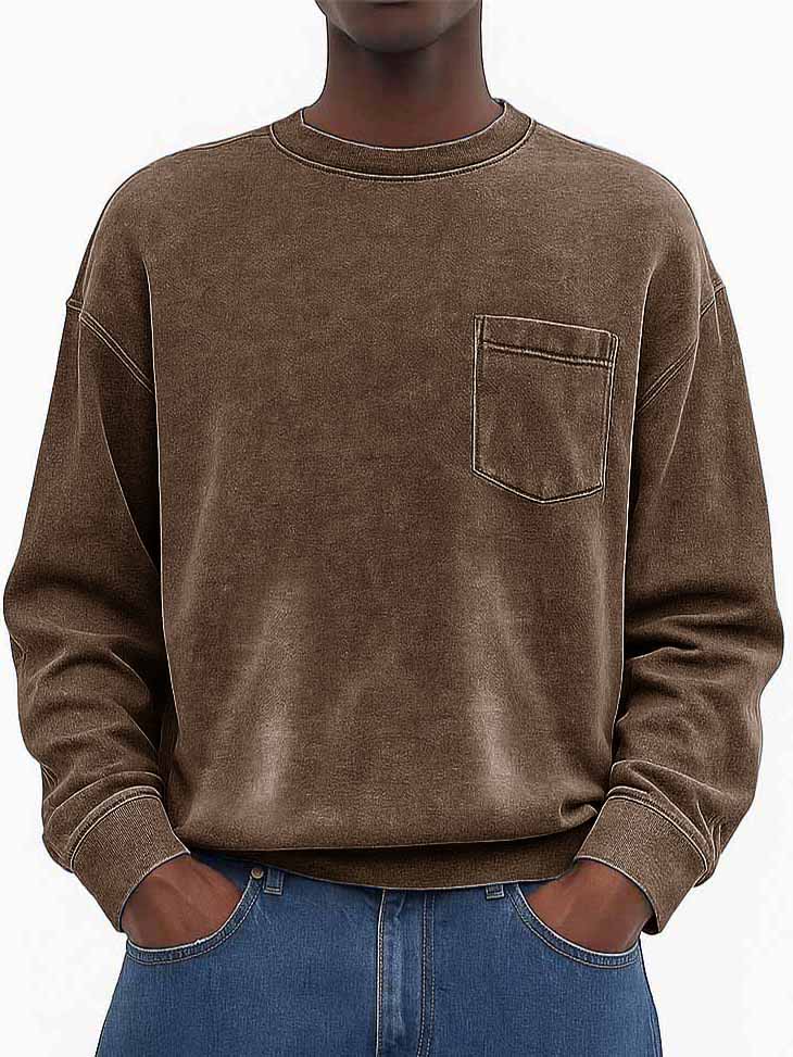 Men's Stylish Vintage Washed And Distressed Fabric Loose-fitting Long-sleeved Crew Neck Sweatshirt With Pockets