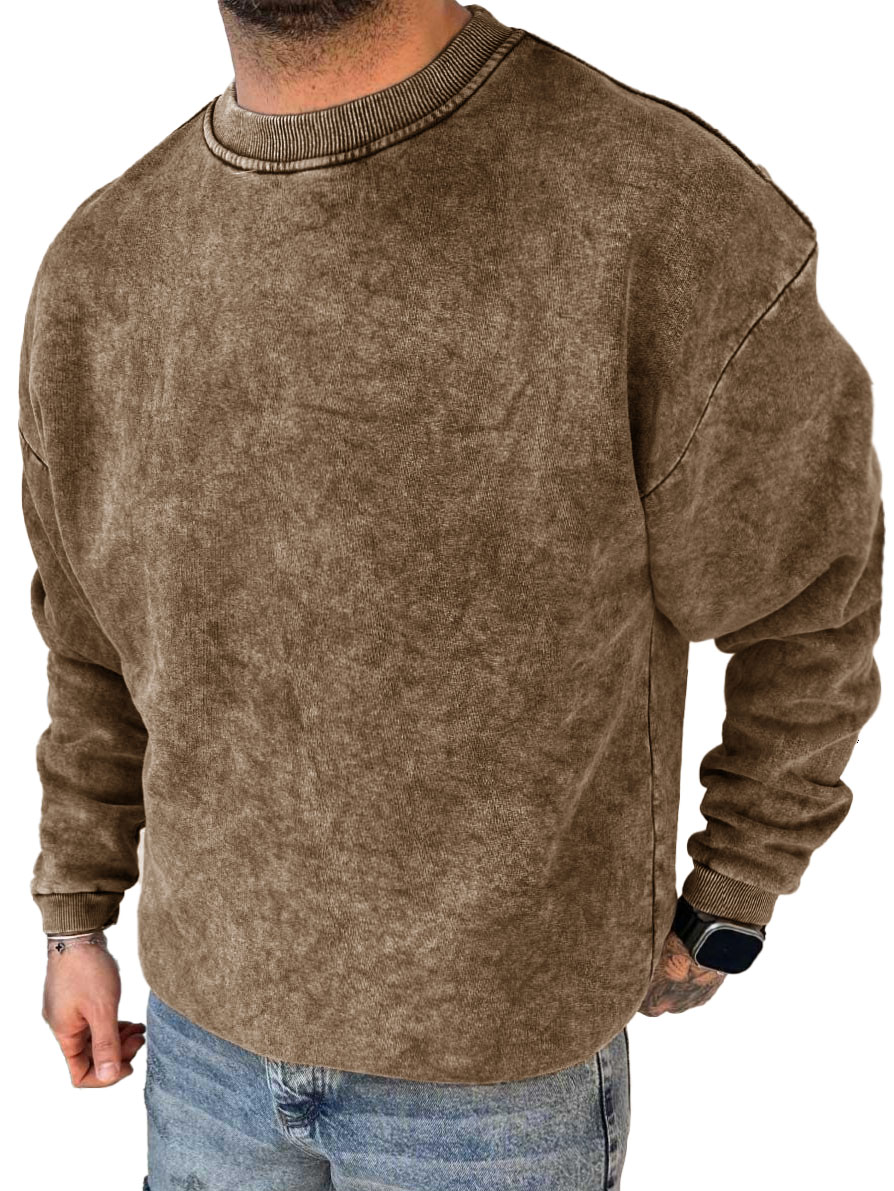 Men's Fashion Casual Washed Distressed Long Sleeve Round Neck Sweatshirt