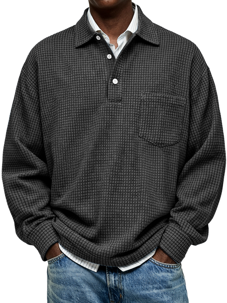 Simple Corduroy Corn Plaid Lapel Button Casual Long-sleeved Polo Shirt