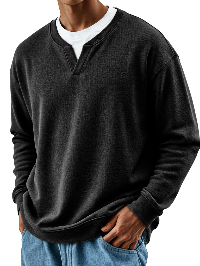 Men's Stylish Casual Retro Fake Two-piece V-neck Loose-fitting Long-sleeved Sweatshirt 