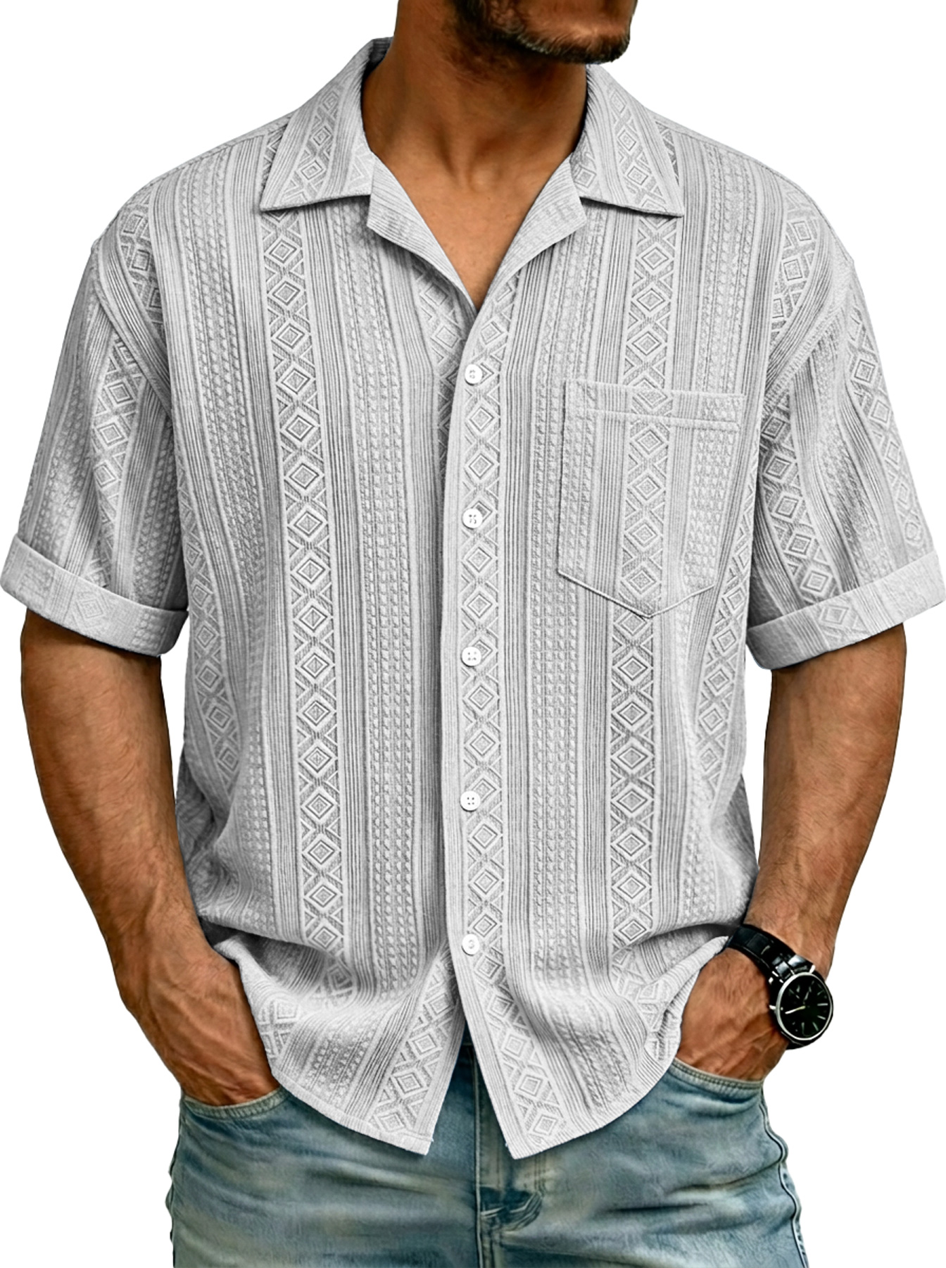 Men's Simple Textured Pocket Casual Short-Sleeve Shirt