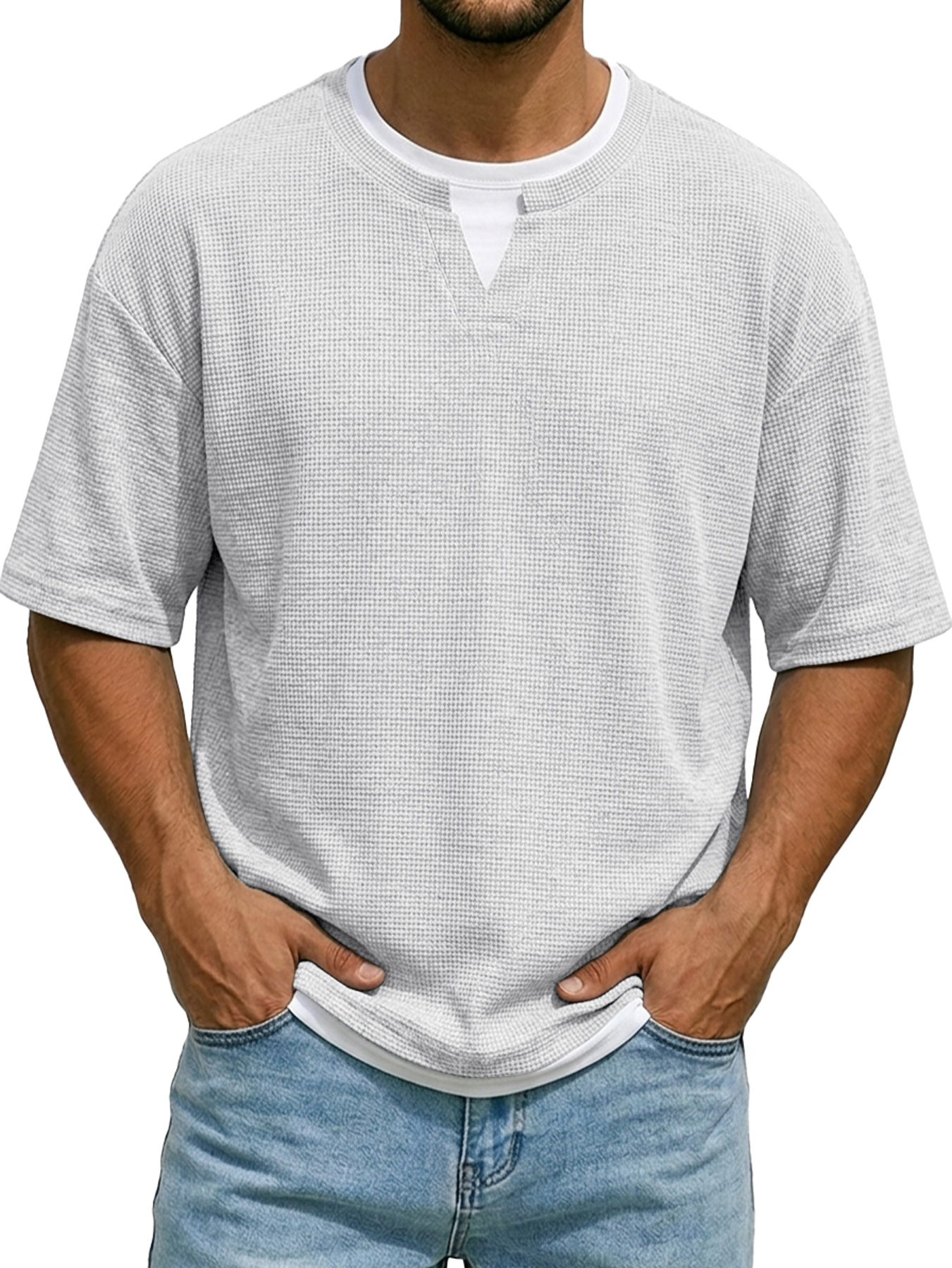 Men's Waffle-knit Faux Two-piece Casual Short-sleeved T-shirt