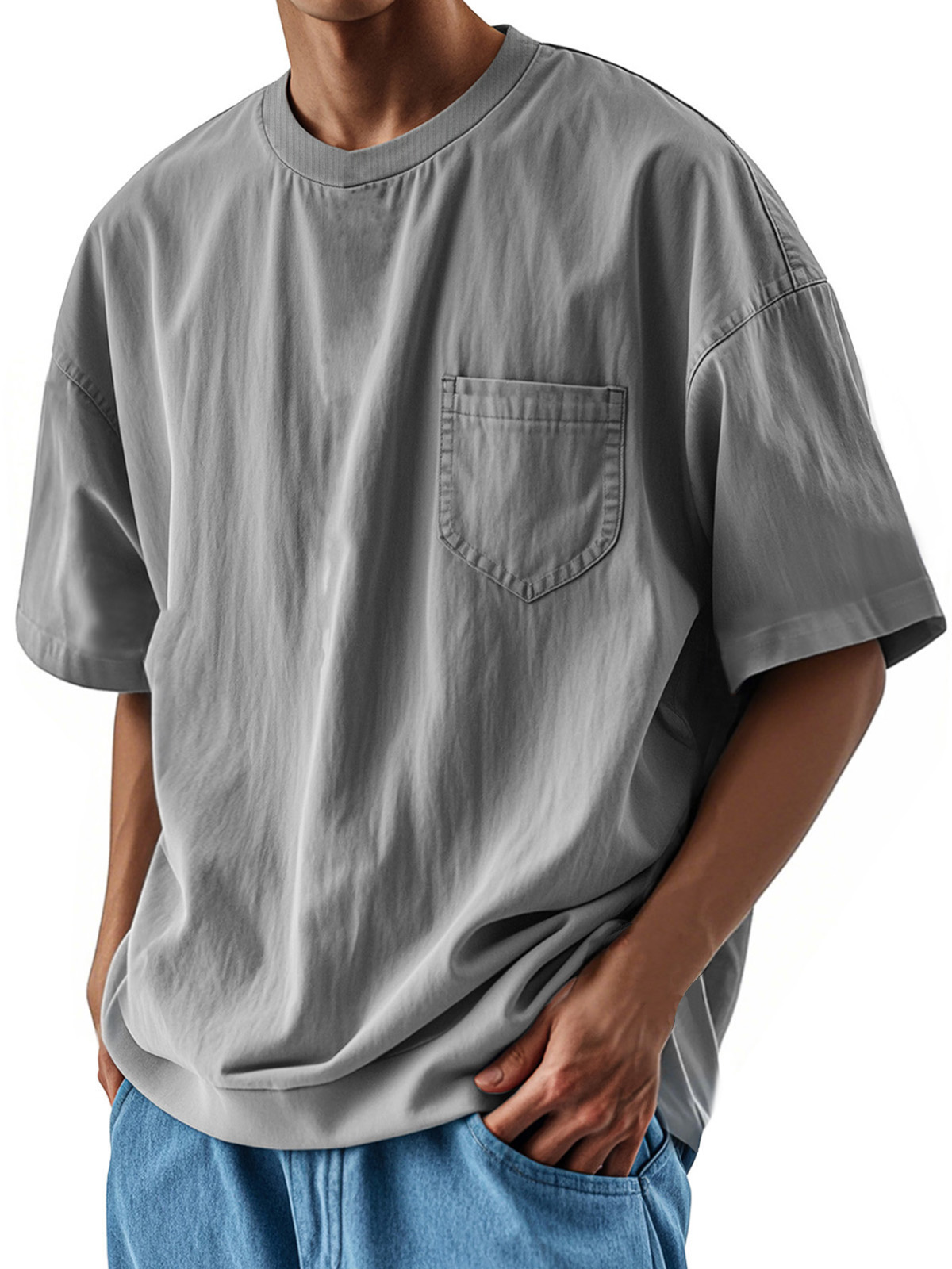 Men's Fashion Casual Retro Shirt Round Neck Pocket Short Sleeve T