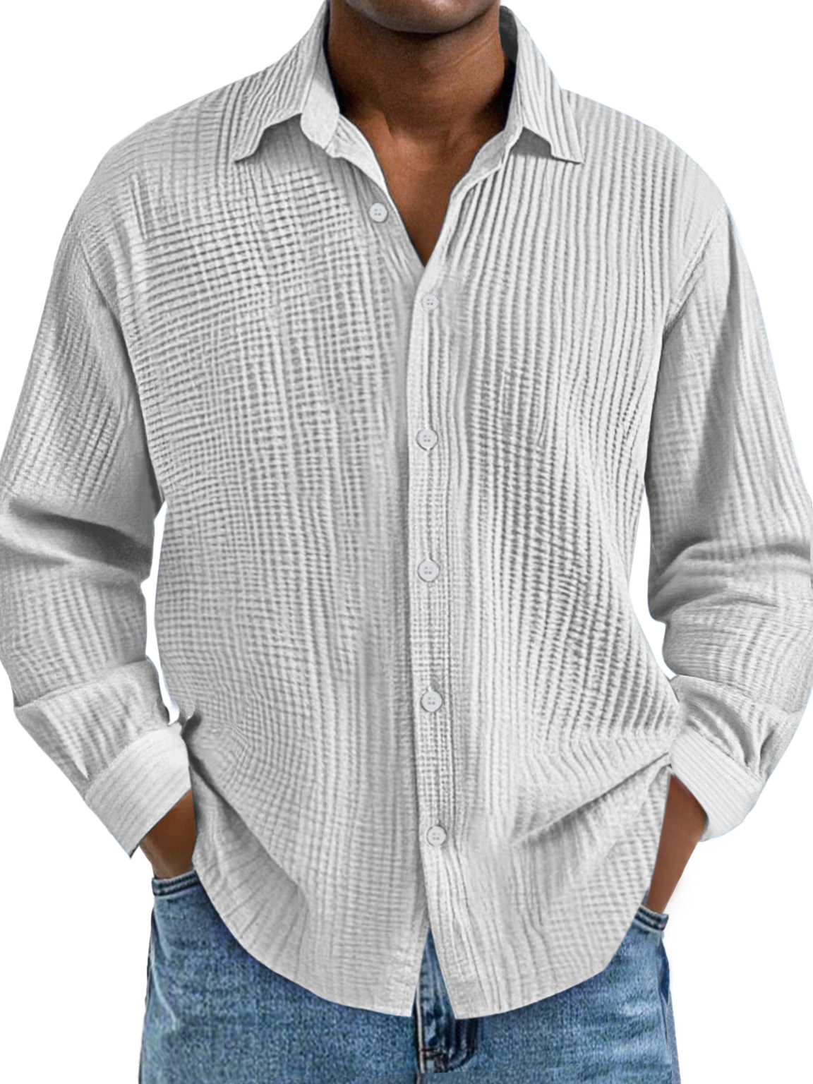 Men's Everyday Simple Cotton Pleated Lapel Long-sleeved Shirt