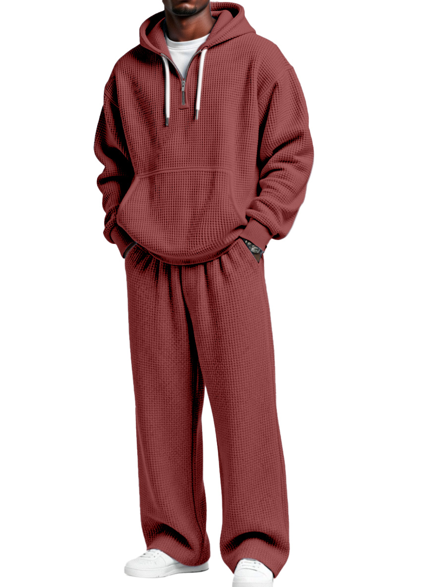 Men's Autumn And Winter Waffle Texture Zipper Hooded Sweatshirt Straight Pants Casual Suit