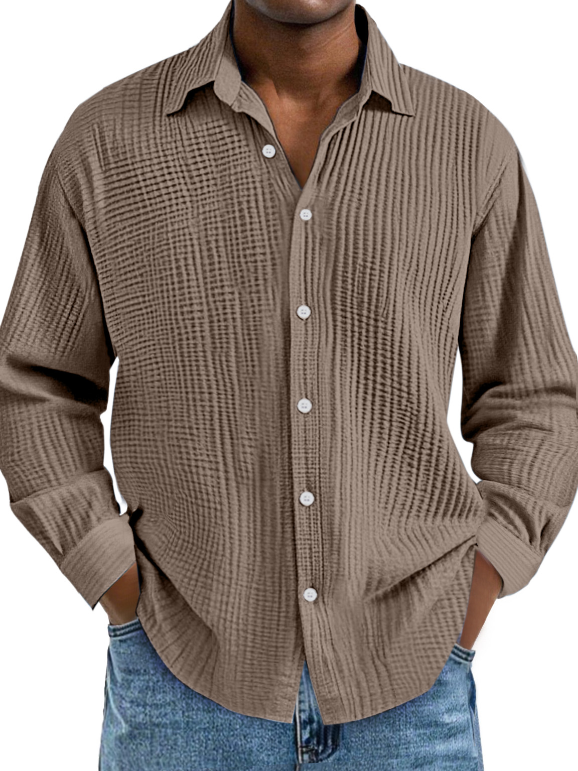 Men's Everyday Simple Cotton Pleated Lapel Long-sleeved Shirt