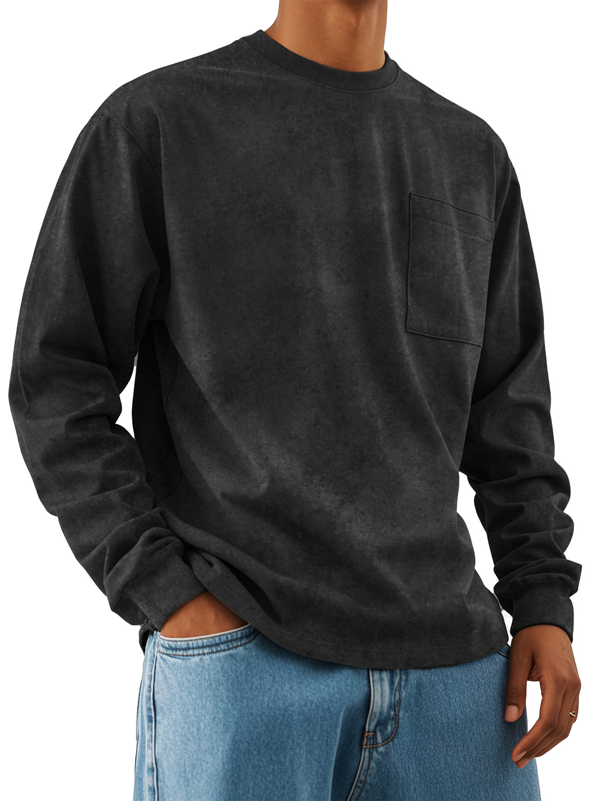 Men's Fashion Retro Casual Round Neck Pocket Long Sleeve T-shirt