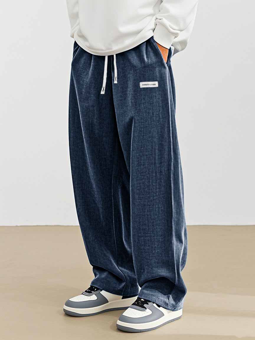 Men's Fashion Casual Everyday Hemp Fabric Pocket Embroidered Logo Loose Trousers 