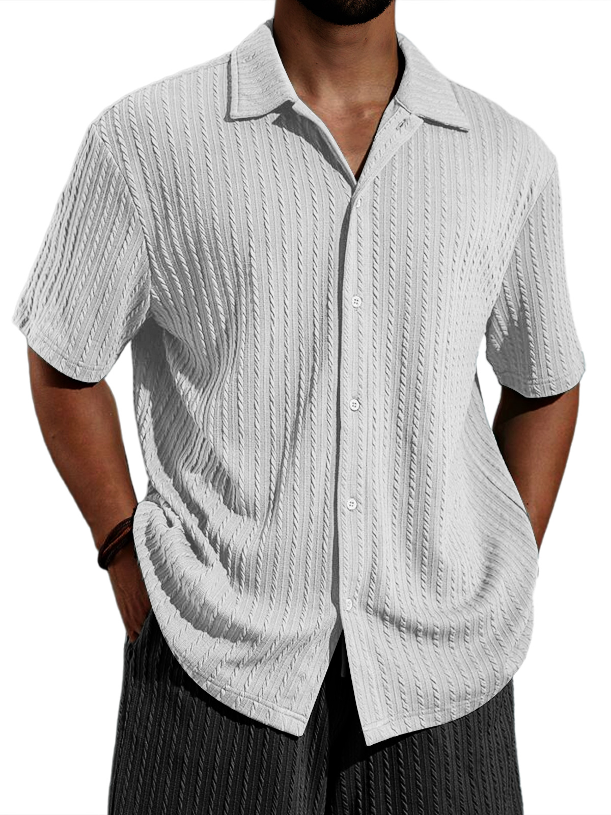 Men's Casual Lapel Jacquard Solid Color Short-sleeved Shirt