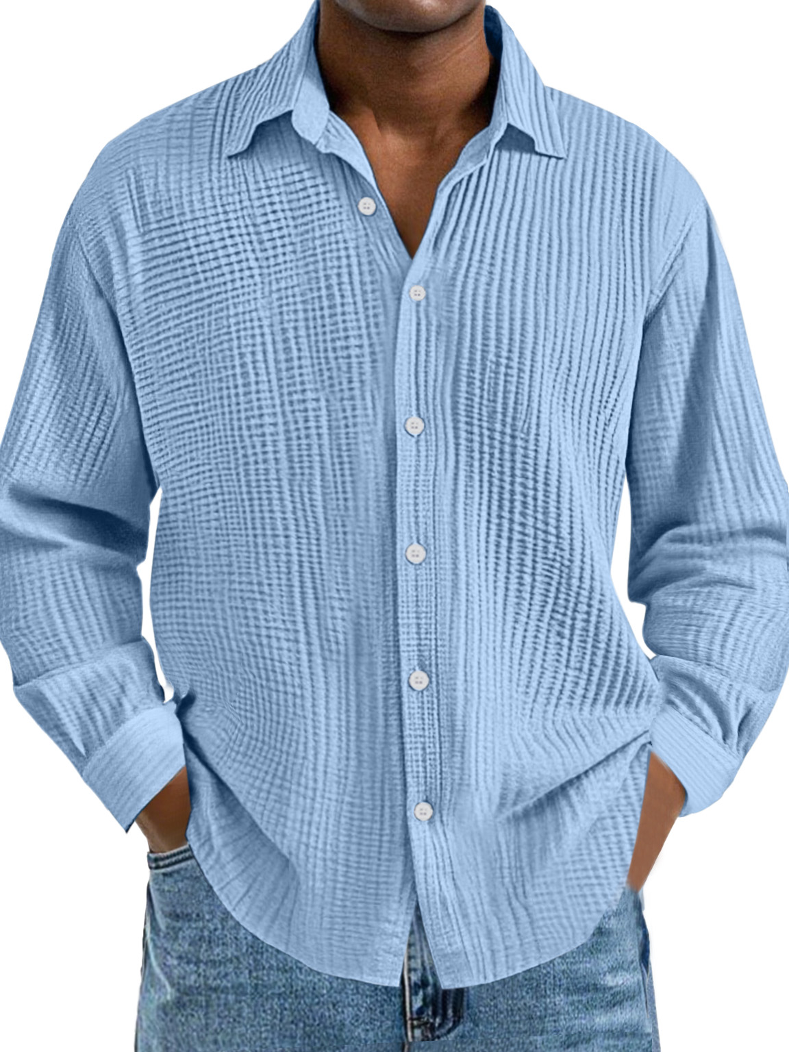 Men's Everyday Simple Cotton Pleated Lapel Long-sleeved Shirt