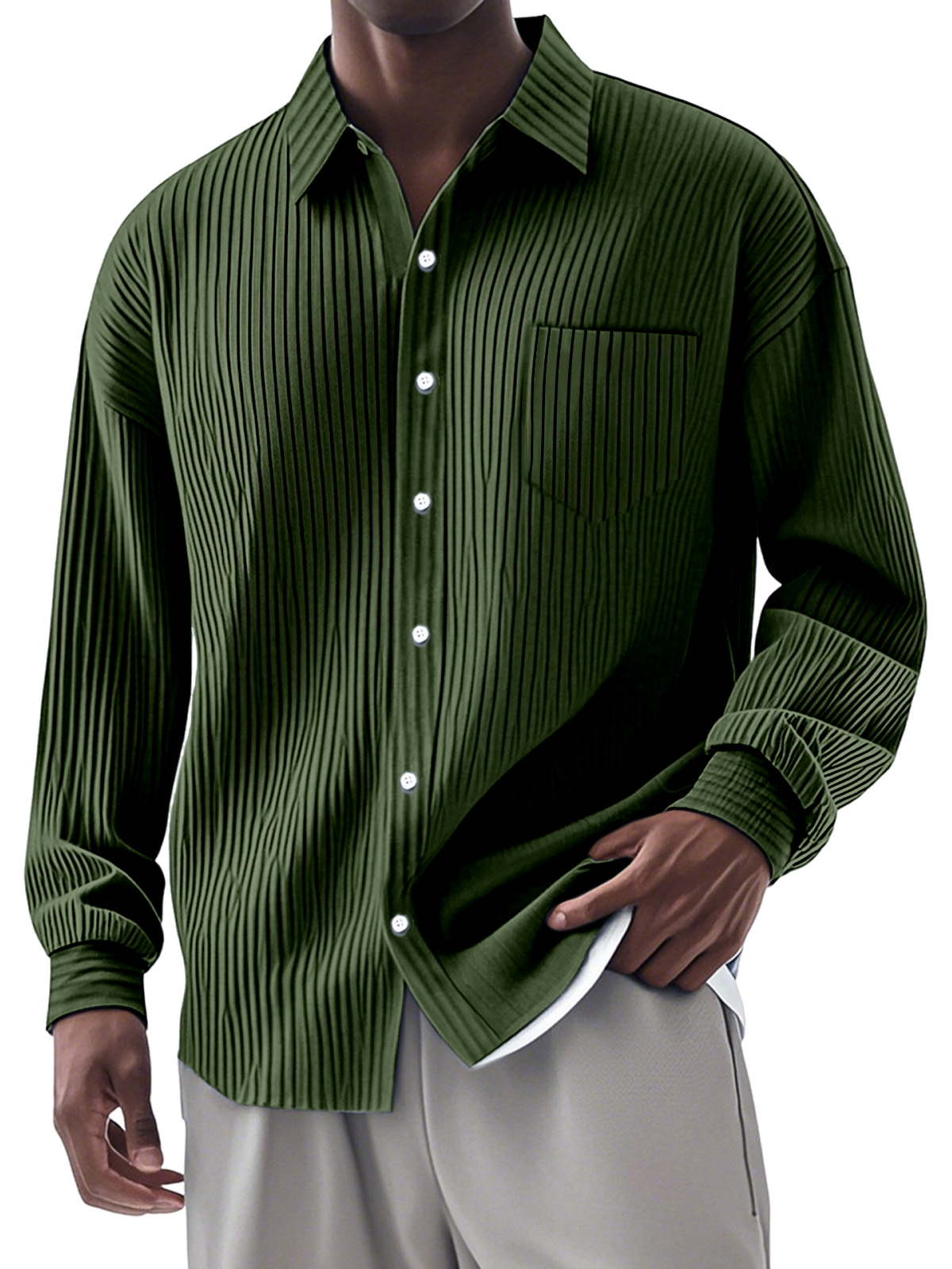 Men's Casual Simple Vertical Pit Strip Long-sleeved Lapel Shirt