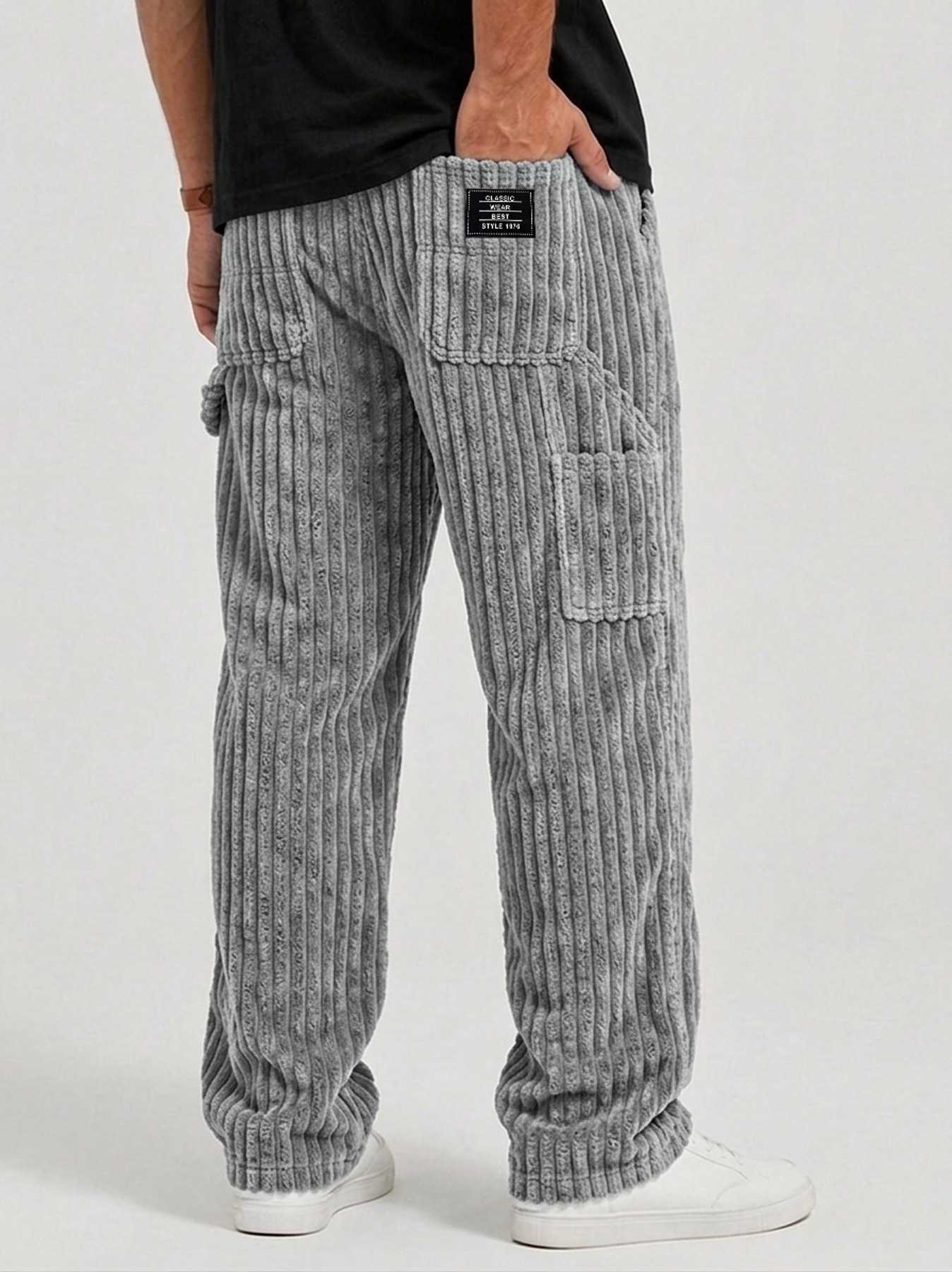 Men's Retro Corduroy Casual Cargo Pants with Multi-Pocket Patchwork Design