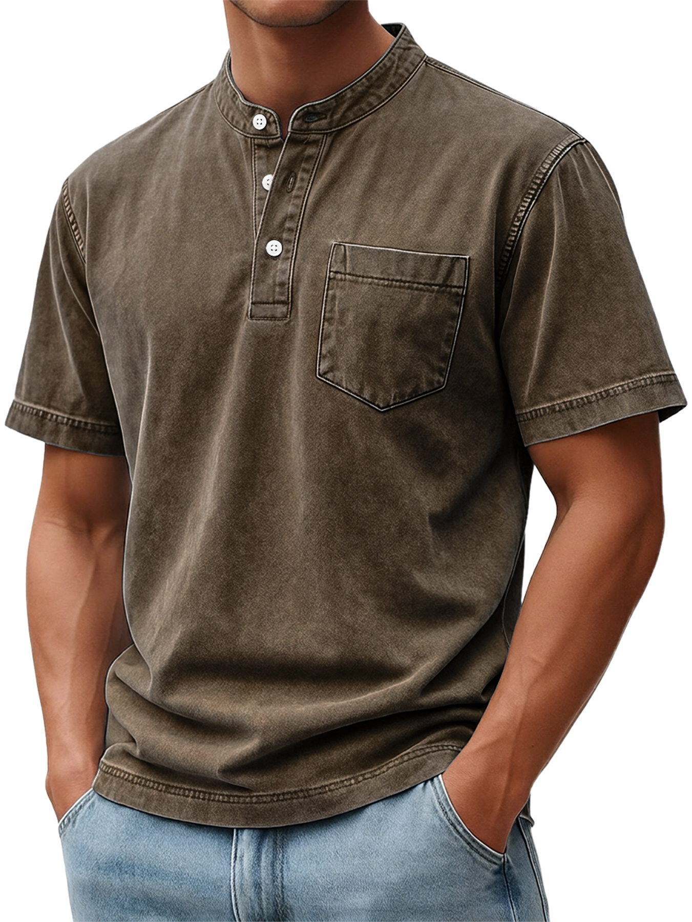 Men's Retro Casual Stand Collar Button-Down Short Sleeve Henley Shirt