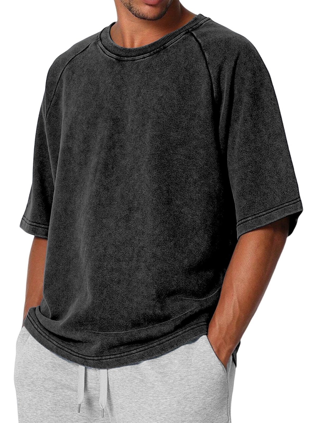 Men's Casual Retro Solid Color Raglan Short Sleeve T-shirt