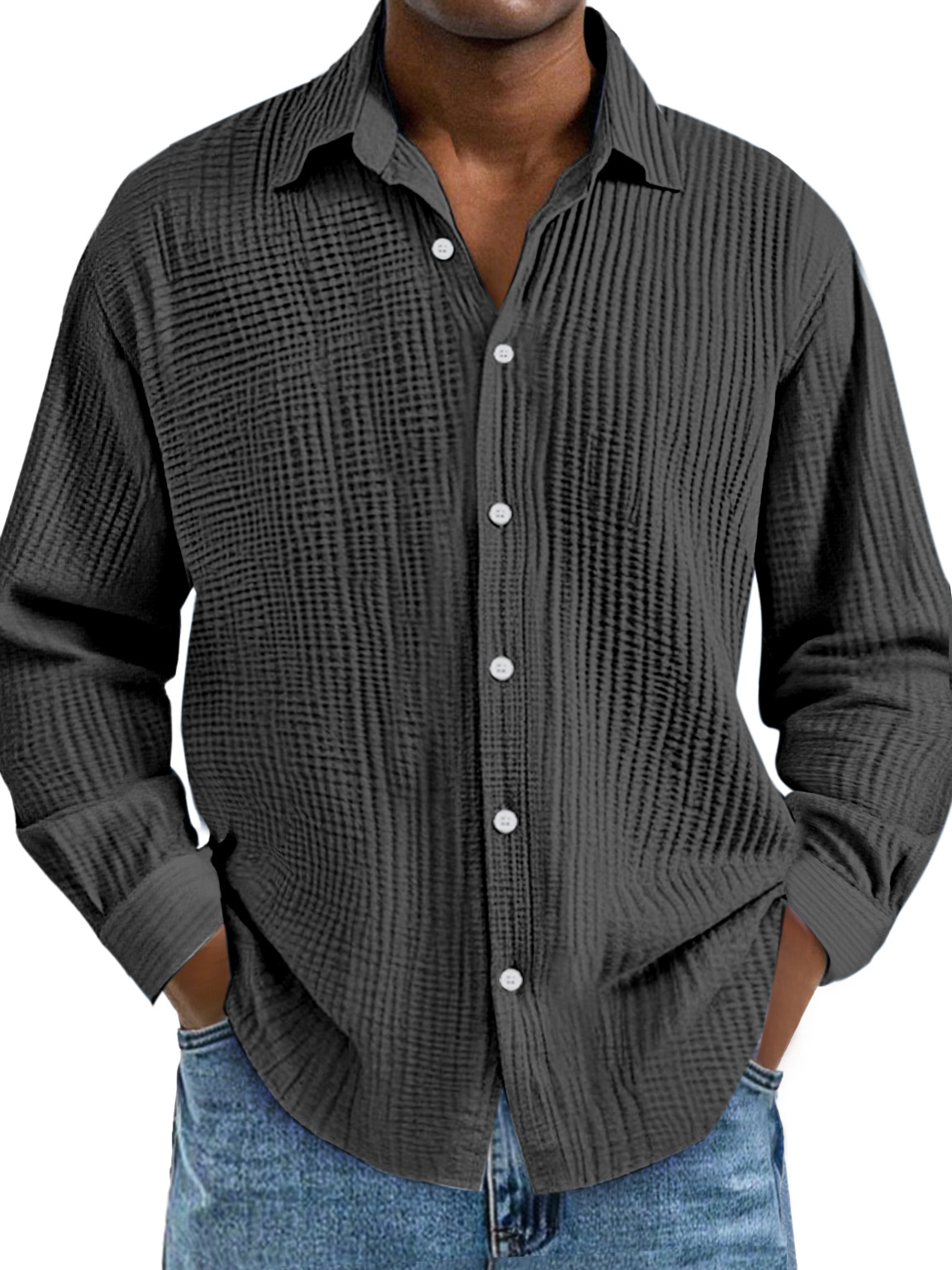 Men's Everyday Simple Cotton Pleated Lapel Long-sleeved Shirt