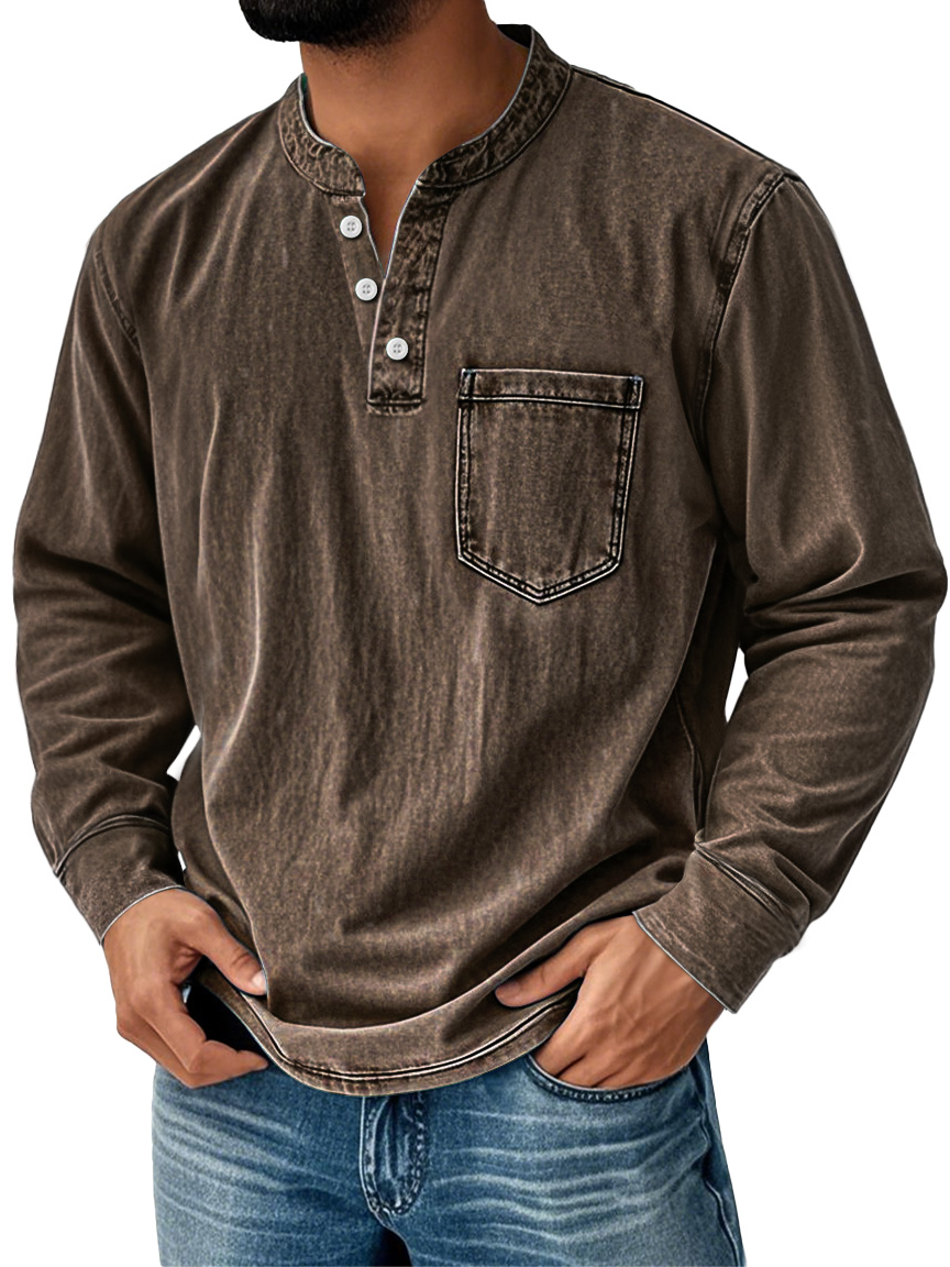 Men's Retro Stand Collar Pocket Casual Distressed Long Sleeve Henley Shirt