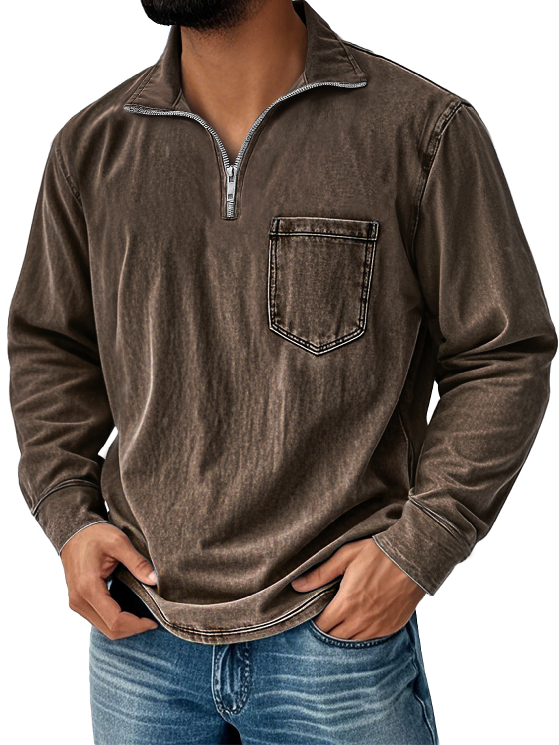 Men'sVintage Distressed Stand-up Collar Zipper Casual Solid Color Long-sleeved T-shirt
