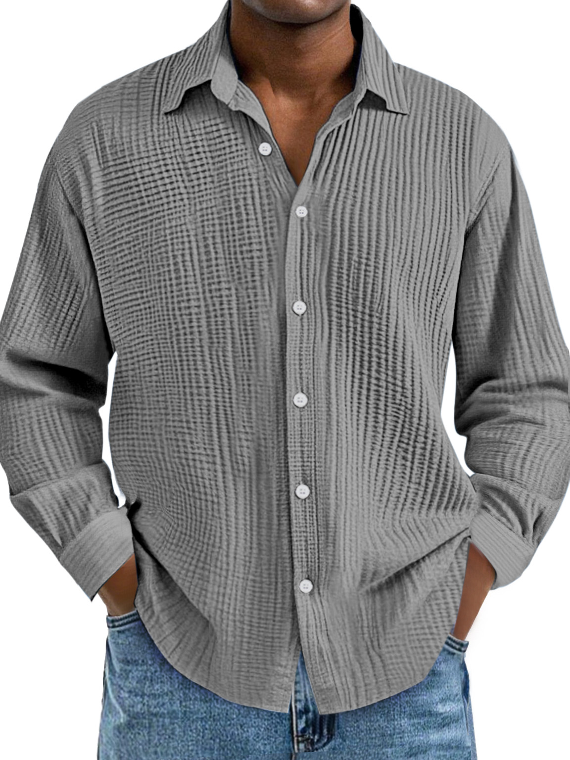 Men's Everyday Simple Cotton Pleated Lapel Long-sleeved Shirt