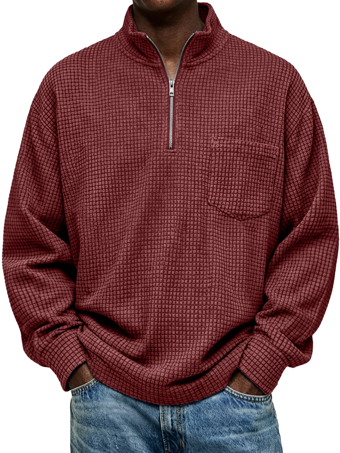 Men's Vintage Small Plaid Stand-collar Zip-up Casual Long-sleeved T-shirt With Pockets