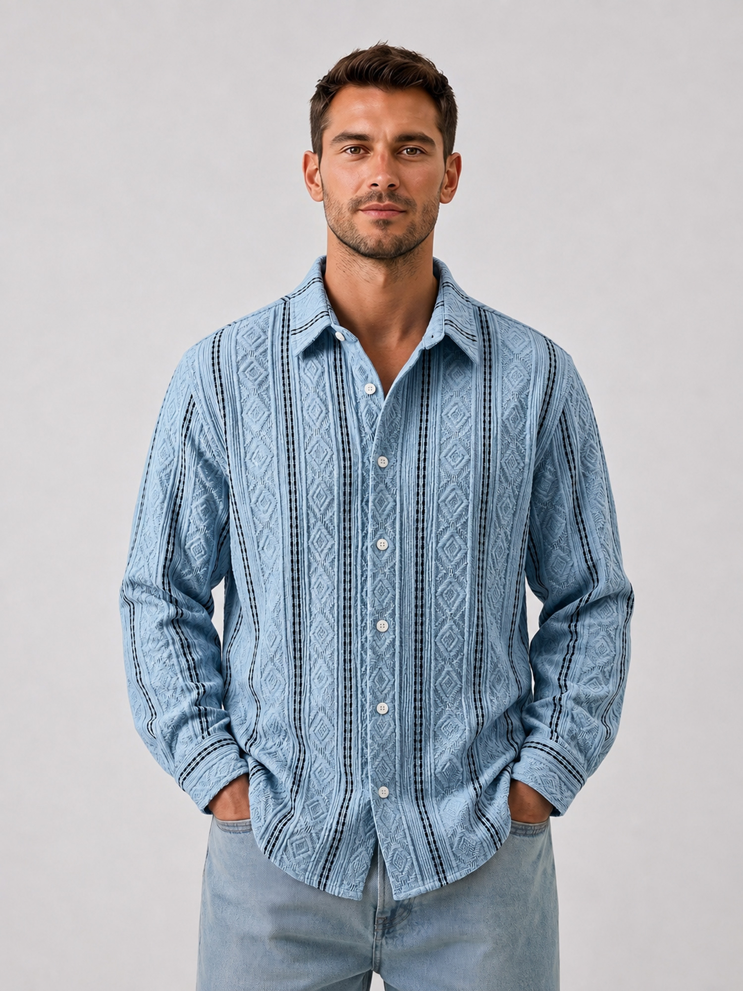 Men's Comfortable Casual Long-Sleeve Shirt with Jacquard Texture